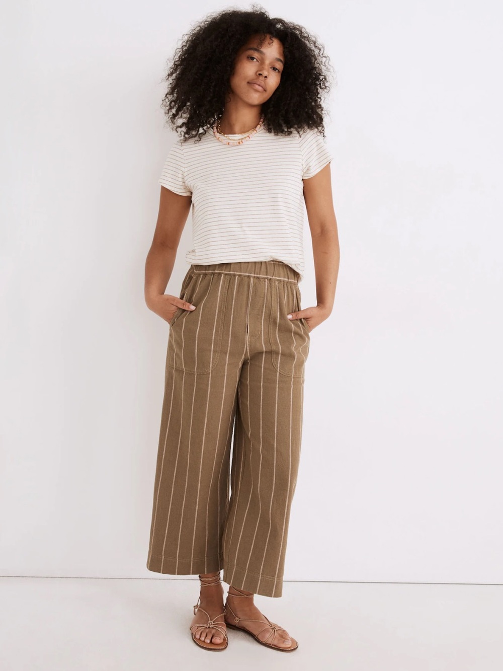 Madewell Olive Stripe Linen-Cotton Huston Pull On Crop Pants Size S